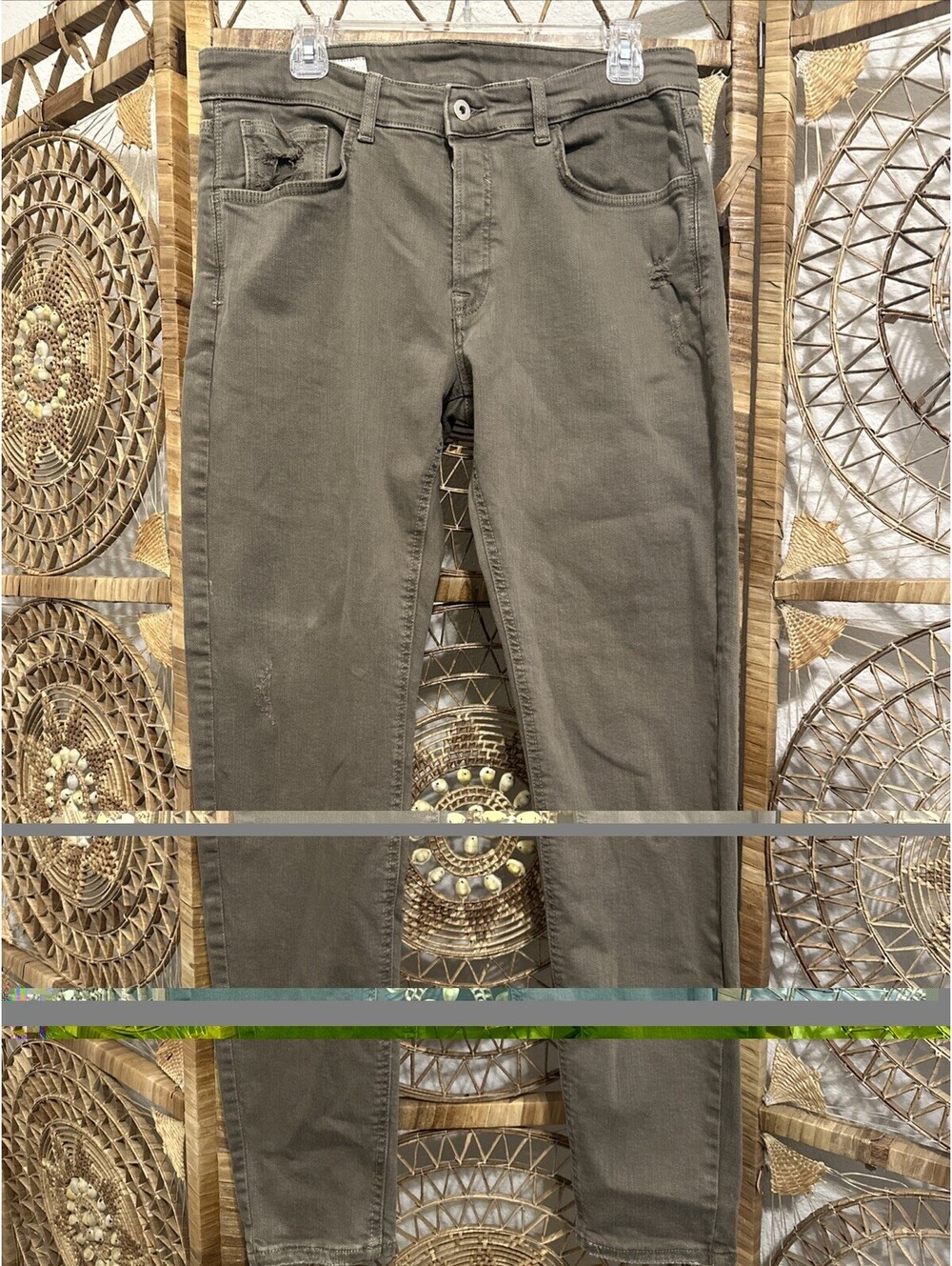 Zara Olive Distressed Skinny Ripped Jeans Mens  Sz 34 Stretch Denim Button Fly